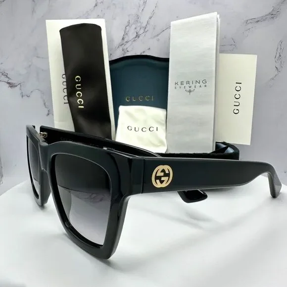 New GUCCI Sunglasses Black Gold Interlocking GG Logo 54-19-140 mm
